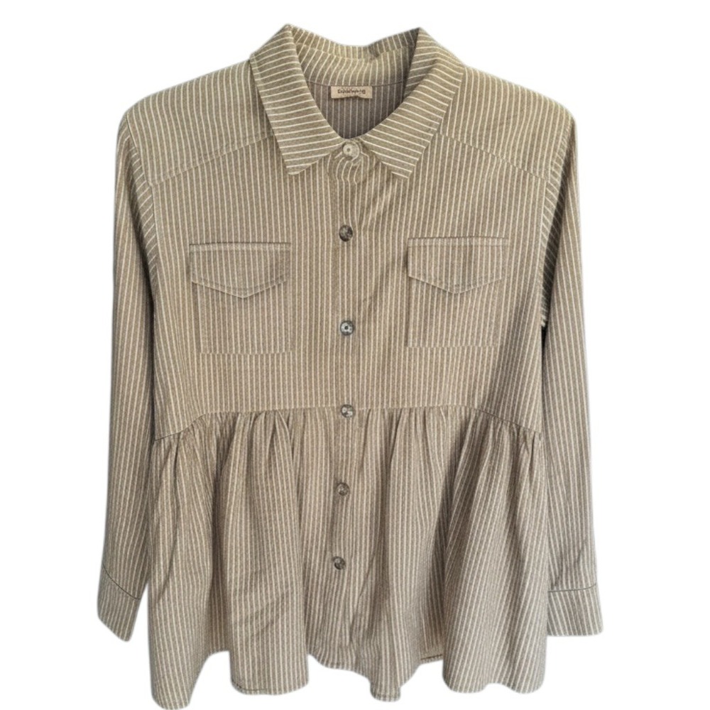 HAYDEN LOS ANGELES‎ Tan White Pinstripe Peplum Button Up Shirt Women's Size M